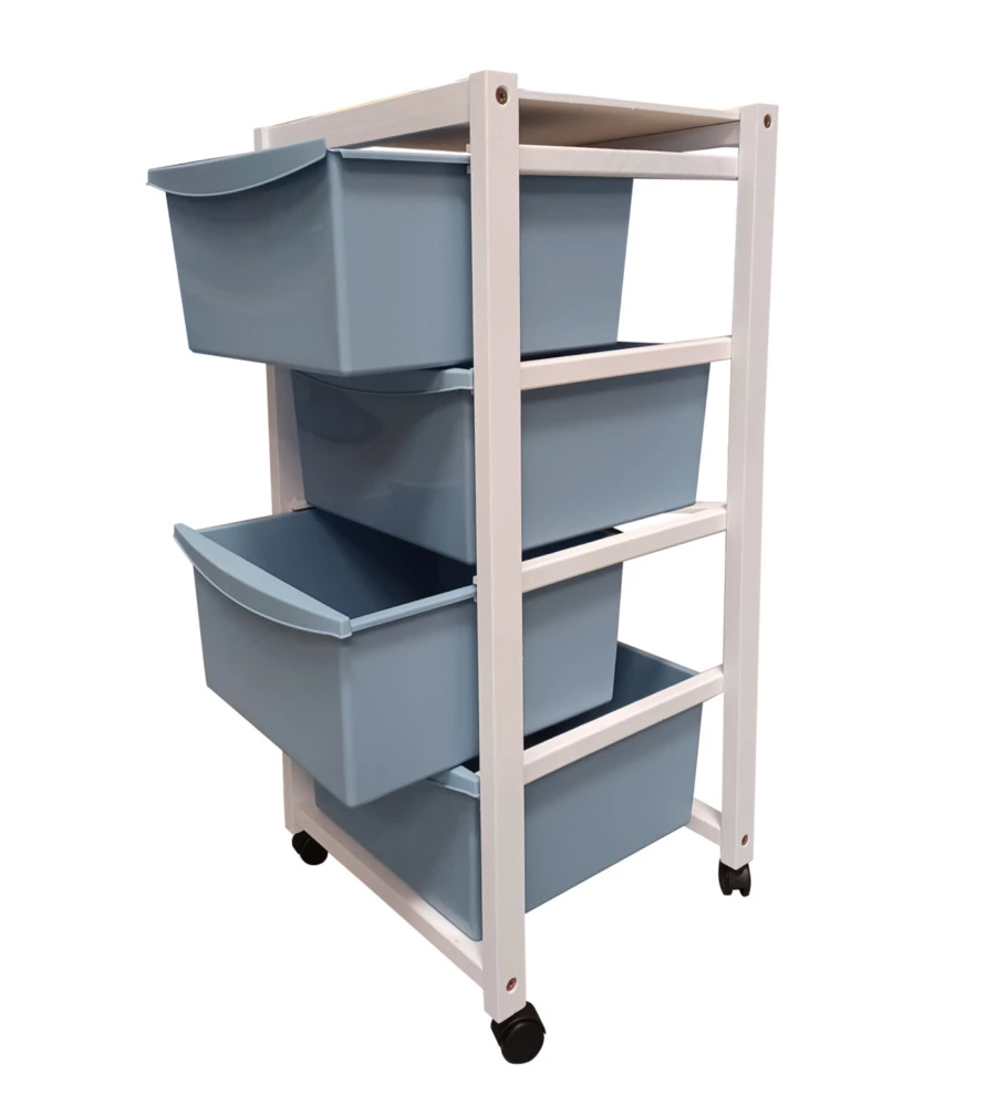 CARRELLO IN LEGNO BIANCO CON CASSETTI BLU, 37,5X36,5X82 CM